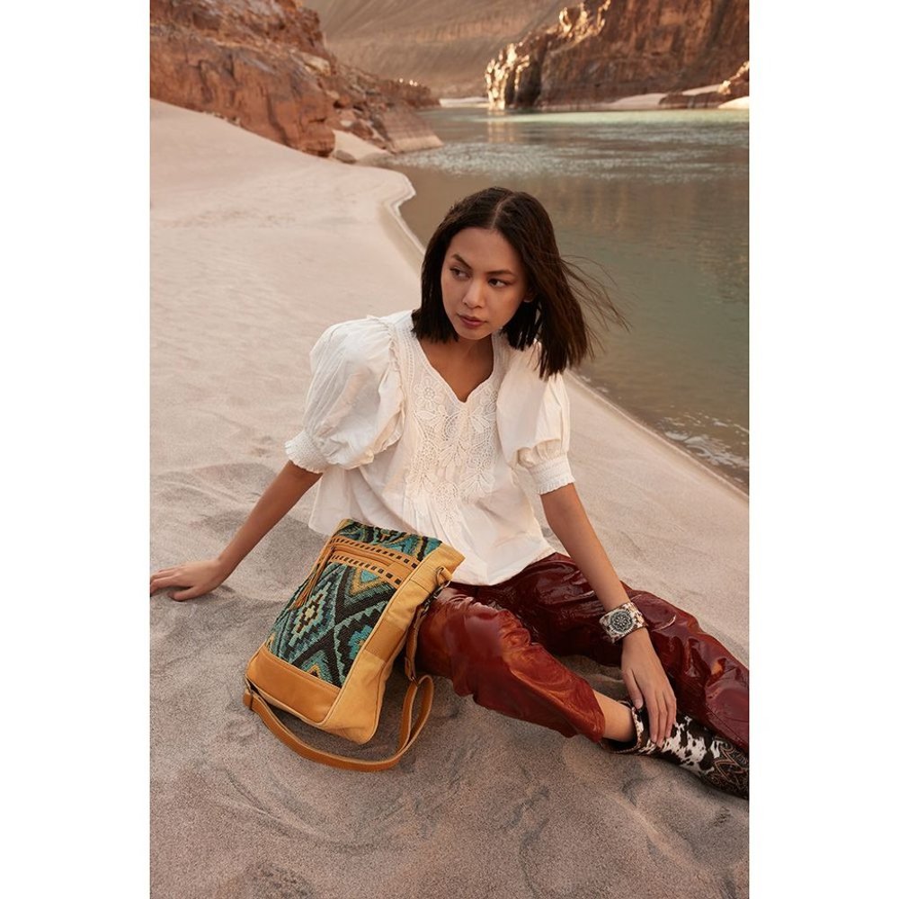 Myra Bag Handmade Sunridge Shoulder Bag Upcycled Canvas & Cowhide Leather